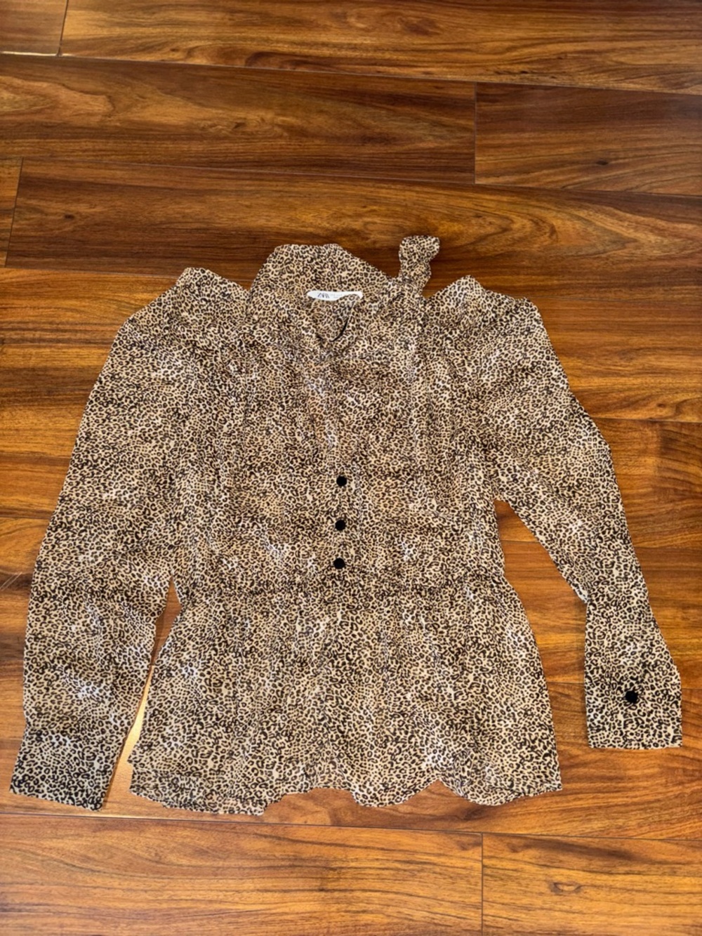 Zara Sheer Leopard Print Tie-Neck Blouse